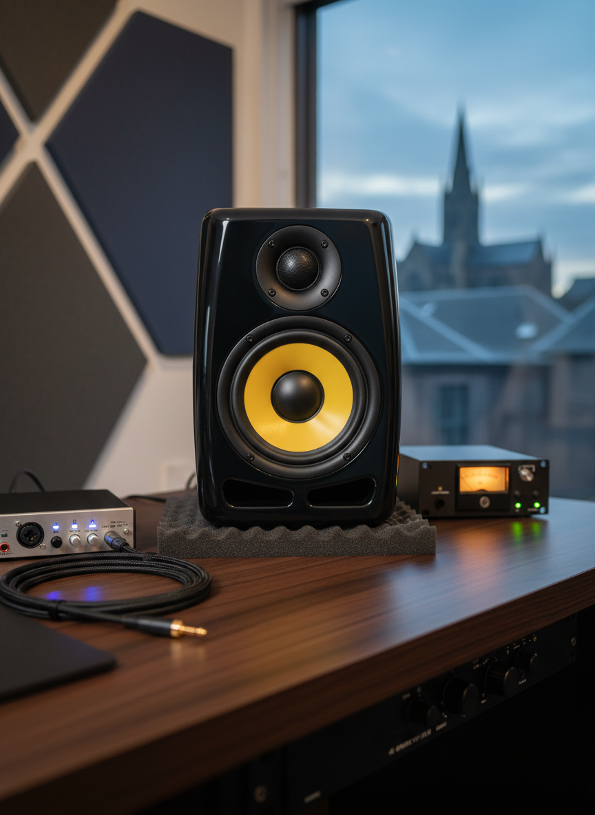 A close-up of a glossy black studio monitor speaker with a distinctive yellow cone woofer, resting on an acoustic foam pad atop a dark wood desk. Surrounding it are a compact audio interface, coiled premium cables, and a softly glowing rack-mounted compressor, representing professional mixing and mastering tools. The background shows blurred acoustic treatment panels and a hint of the Elgin skyline through a distant window. Soft, diffused studio lighting from the side creates subtle highlights along the speaker’s curves and gentle shadows on the desk. Shot from a slightly low angle to give the equipment a powerful, reliable presence, with photographic realism and a clean, professional mood.