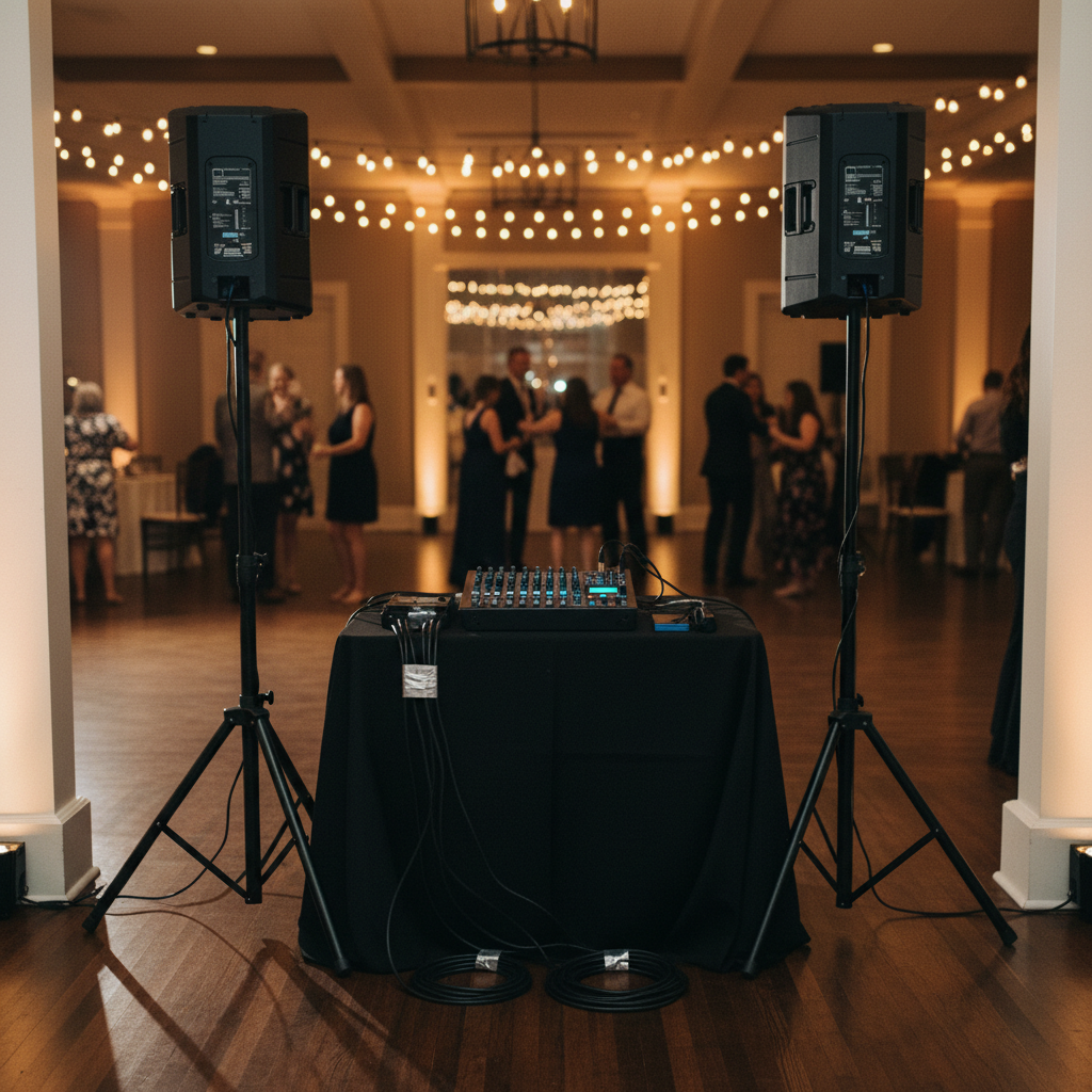 An elegant wedding reception setup featuring a meticulously arranged sound system: two tall, matte-black PA speakers on sturdy stands, a compact digital mixer on a skirted table, and neatly taped cables running along a polished wooden floor. In the distance, soft string lights and an unfocused dance floor suggest an upcoming celebration in an upscale Elgin event venue. Warm, golden ambient lighting combined with subtle uplighting near the speakers casts gentle, flattering shadows, creating an inviting, celebratory atmosphere. Captured from a slightly elevated angle using rule-of-thirds composition, the focus rests on the audio equipment, with the festive background softly blurred for depth. Photographic realism underscores reliability and professionalism in event audio rentals.