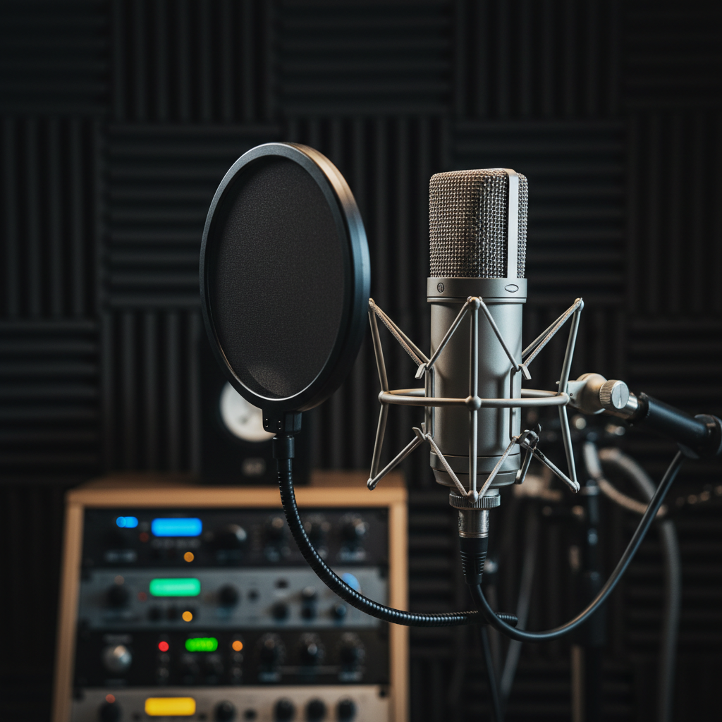A dramatic studio scene focused on a premium large-diaphragm condenser microphone suspended in a shock mount, positioned in front of a charcoal-gray acoustic panel. A finely woven pop filter curves in front of the mic, while an illuminated rack of EQs and compressors glows softly in the background, suggesting a mastering chain for a local rock band. Cool, directional side lighting highlights the metallic mesh of the microphone grille and the texture of the panel, while the rest of the room falls into tasteful shadow. Shot from a slightly low, close perspective with shallow depth of field, the image uses photographic realism to convey precision, intimacy, and high-end audio craftsmanship.