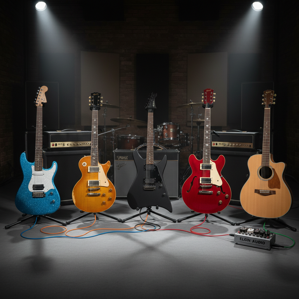 Five distinct electric guitars, each representing a different band style—sparkling blue for pop, worn sunburst for classic rock, flat black for metal, cherry red for indie, and natural wood for folk—rest on individual stands in front of a tidy row of guitar amplifiers and a compact drum kit. Color-coded XLR and instrument cables subtly trace back to a discreet stagebox, implying multi-band recording or live sound for Elgin artists. Overhead spotlights create soft pools of light, producing gentle reflections on glossy finishes while leaving the background in a tasteful, subdued shadow. Captured from a wide, eye-level perspective with sharp focus throughout, the photographic realism and balanced composition suggest a versatile studio and event portfolio.
